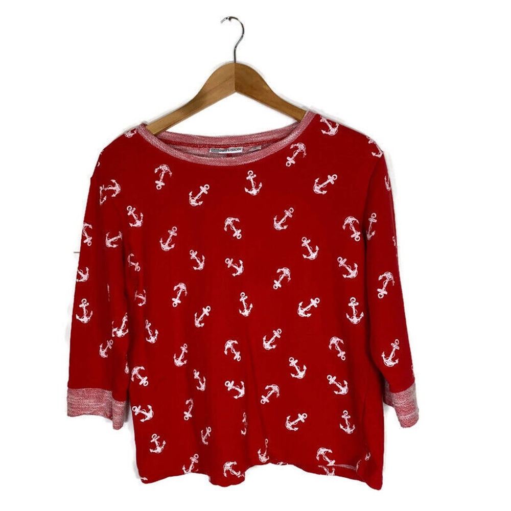 IB Diffusion Sz M Cropped Sweatshirt 3/4 Sleeve Anchors Nautical Red White
